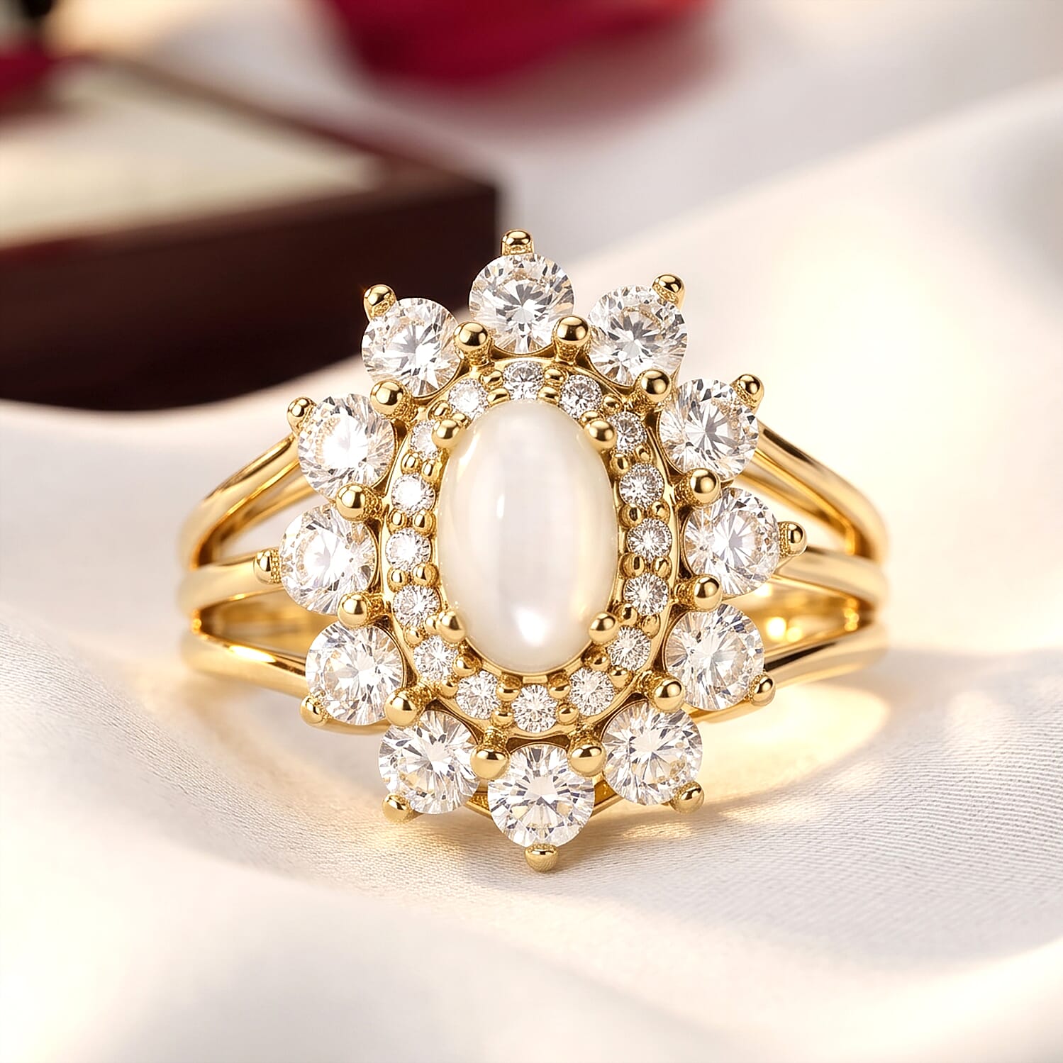 Pearl and Simulated Diamond 1.10 ctw Ring in 14K YG Over Sterling Silver (Size 7.0)