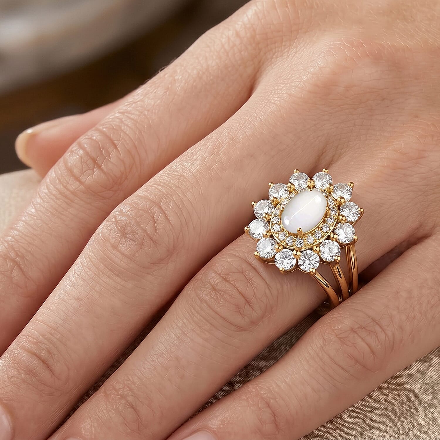 Pearl and Simulated Diamond 1.10 ctw Ring in 14K YG Over Sterling Silver (Size 7.0)