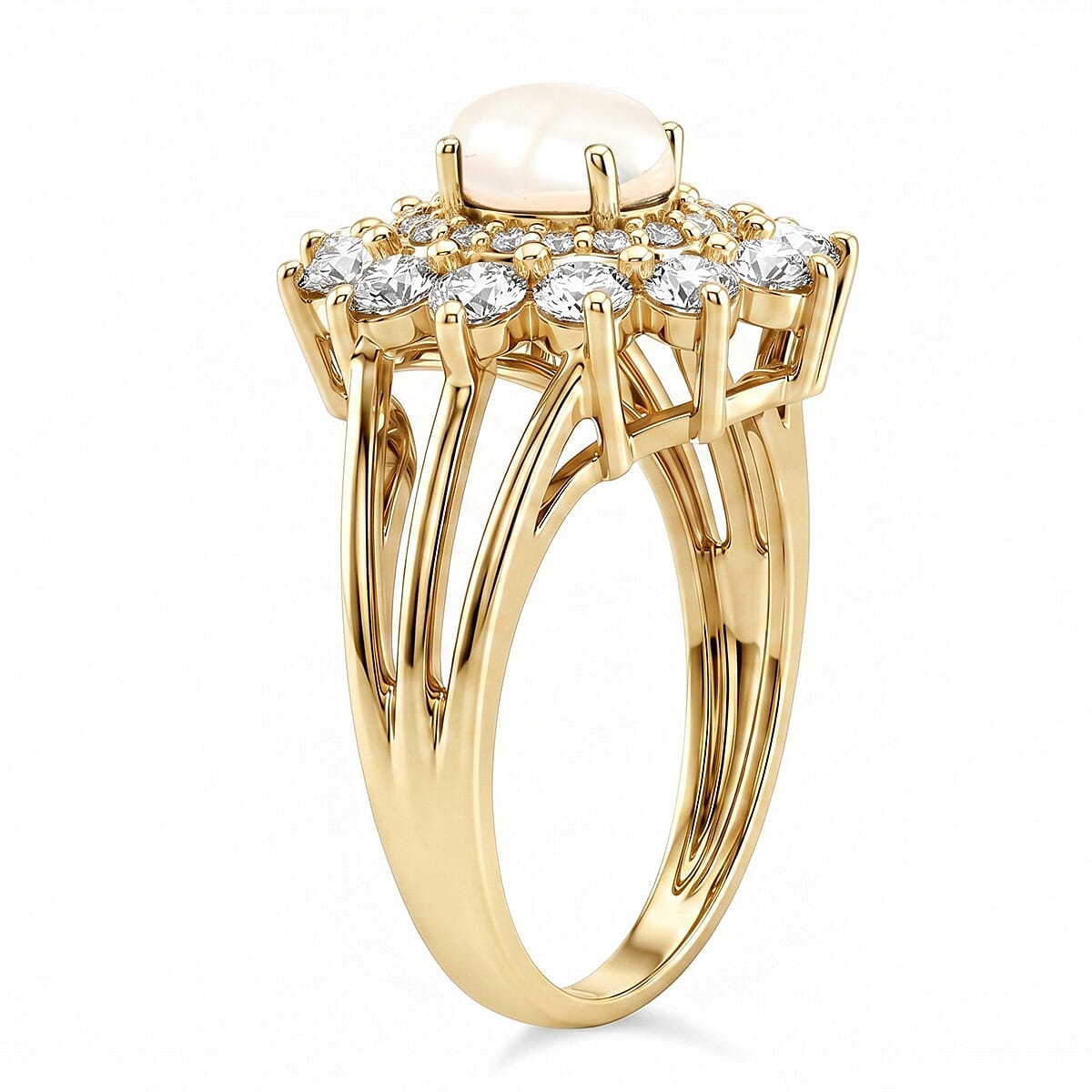 Pearl and Simulated Diamond 1.10 ctw Ring in 14K YG Over Sterling Silver (Size 7.0)