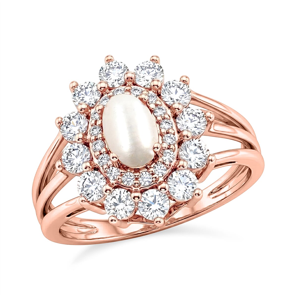Pearl and Simulated Diamond 1.10 ctw Ring in 14K RG Over Sterling Silver (Size 7.0)