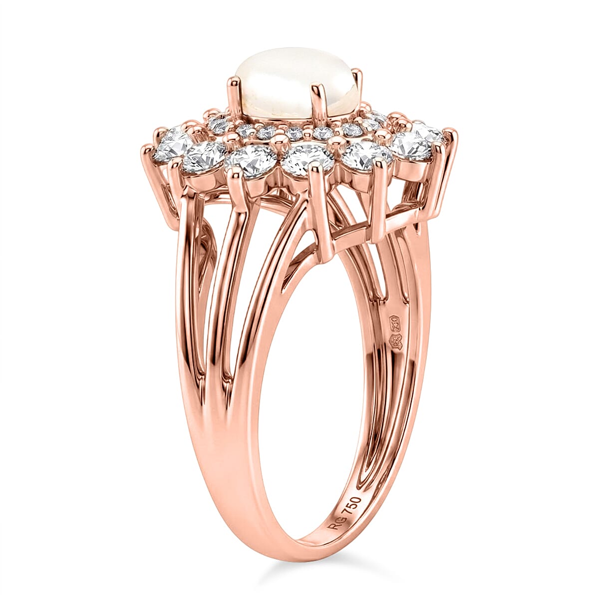 Pearl and Simulated Diamond 1.10 ctw Ring in 14K RG Over Sterling Silver (Size 7.0)