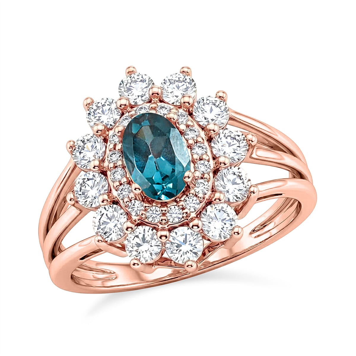 Teal Quartz and Simulated Diamond 2.50 ctw Ring in 14K RG Over Sterling Silver (Size 7.0)