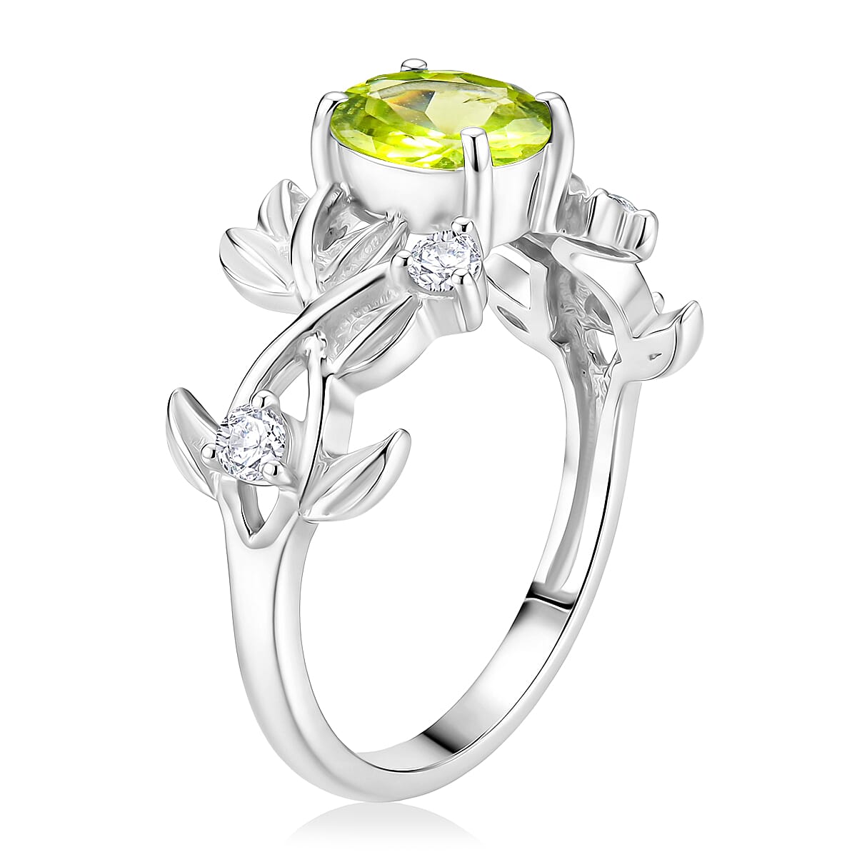 Hebei Peridot and Simulated Diamond 1.00 ctw Ring in Sterling Silver (Size 8.0) image number 3