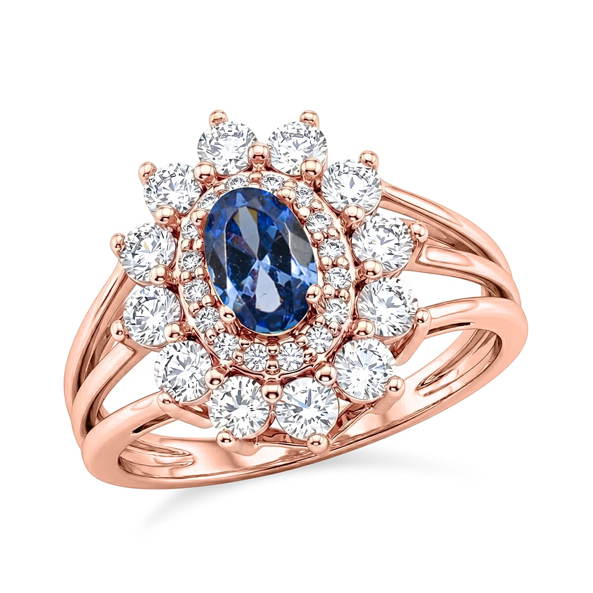 Simulated Blue and White Diamond Ring in 14K RG Over Sterling Silver (Size 7.0)