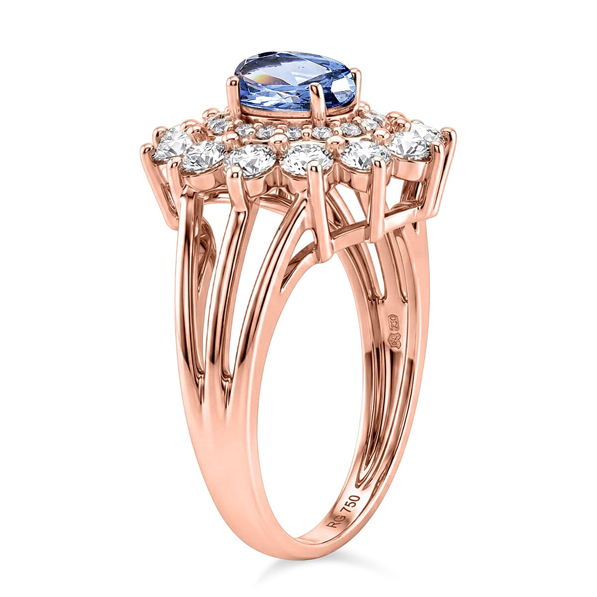Simulated Blue and White Diamond Ring in 14K RG Over Sterling Silver (Size 7.0)
