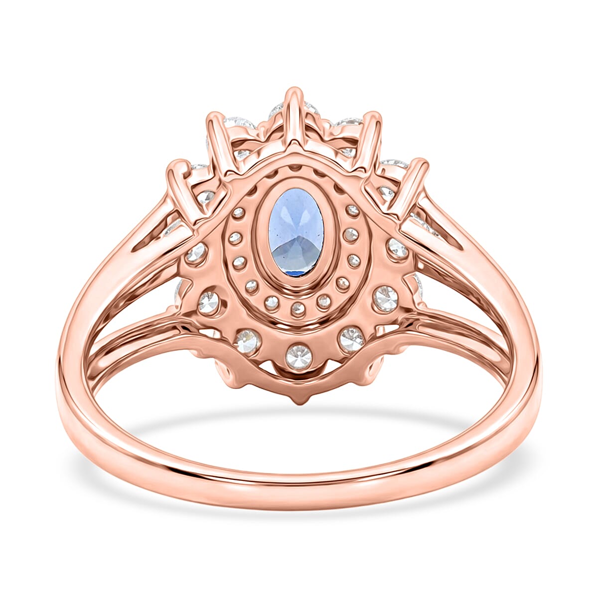Simulated Blue and White Diamond Ring in 14K RG Over Sterling Silver (Size 7.0)