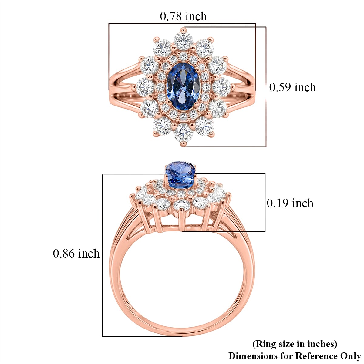 Simulated Blue and White Diamond Ring in 14K RG Over Sterling Silver (Size 7.0)