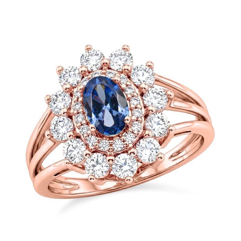 Simulated Blue and White Diamond Ring in 14K RG Over Sterling Silver (Size 8.0)