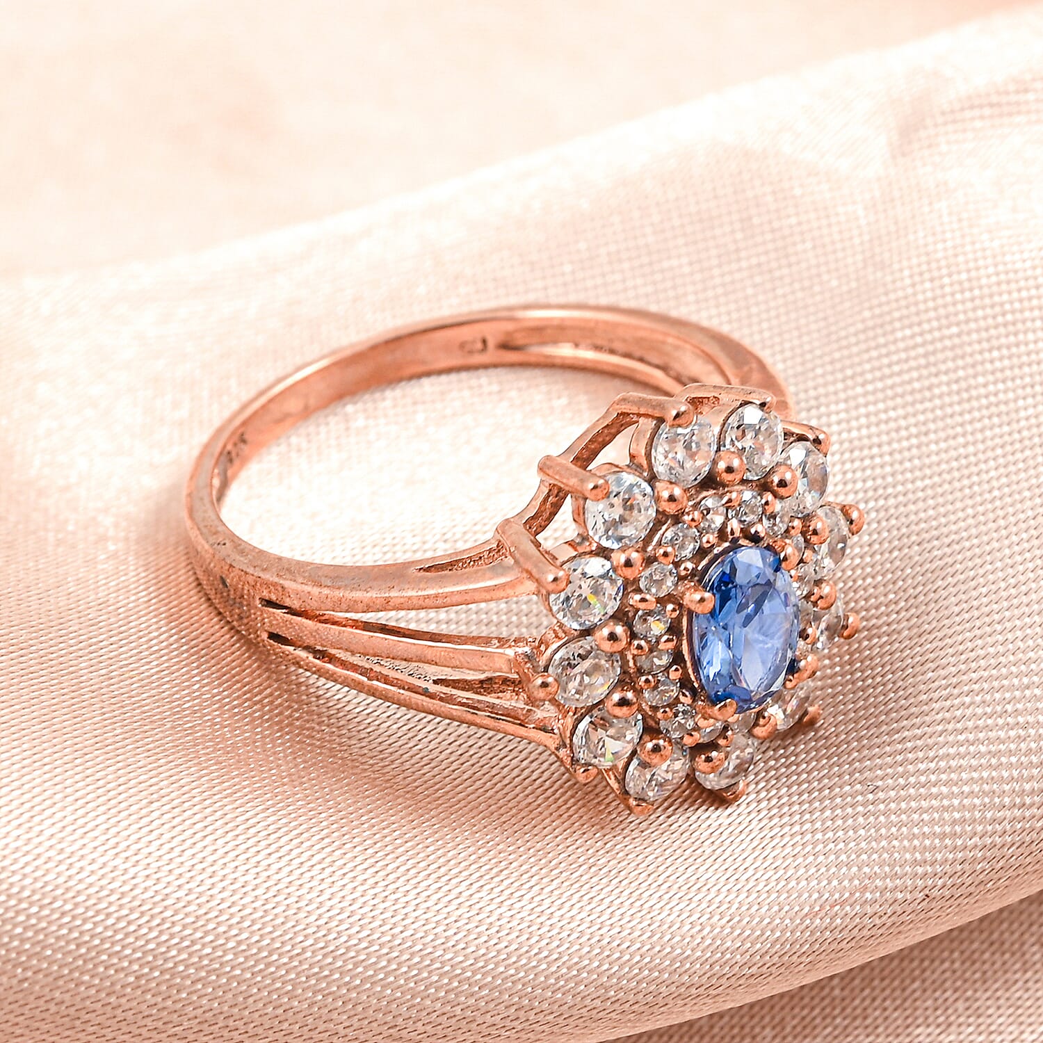 Simulated Blue and White Diamond Ring in 14K RG Over Sterling Silver (Size 8.0)