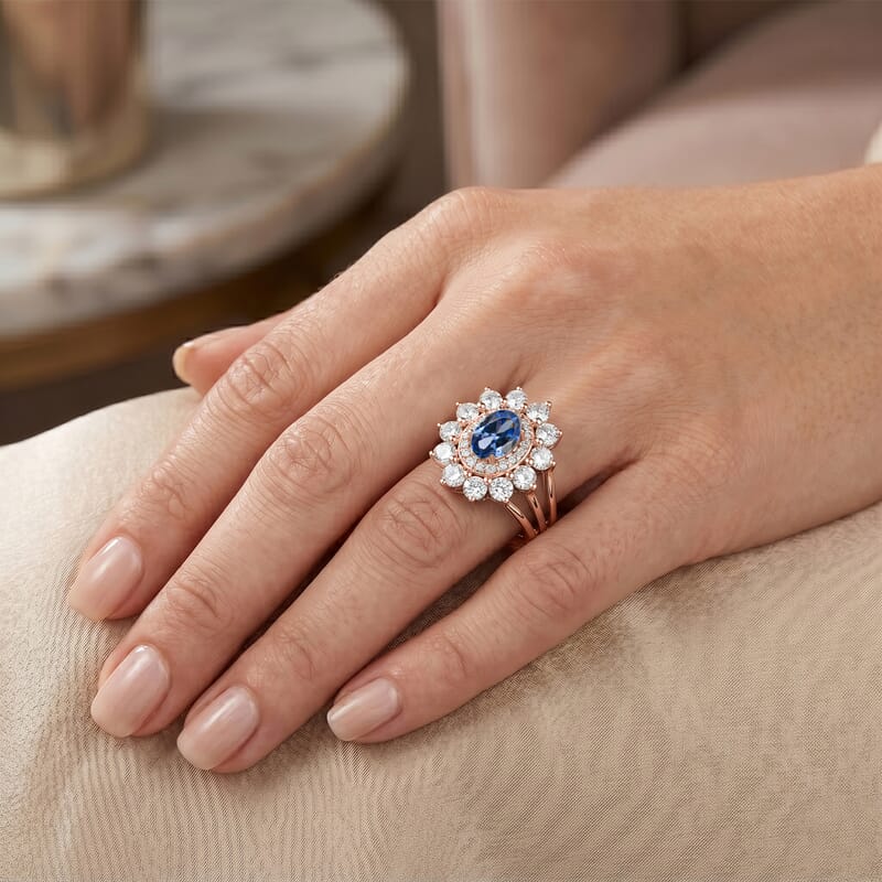 Simulated Blue and White Diamond Ring in 14K RG Over Sterling Silver (Size 8.0)