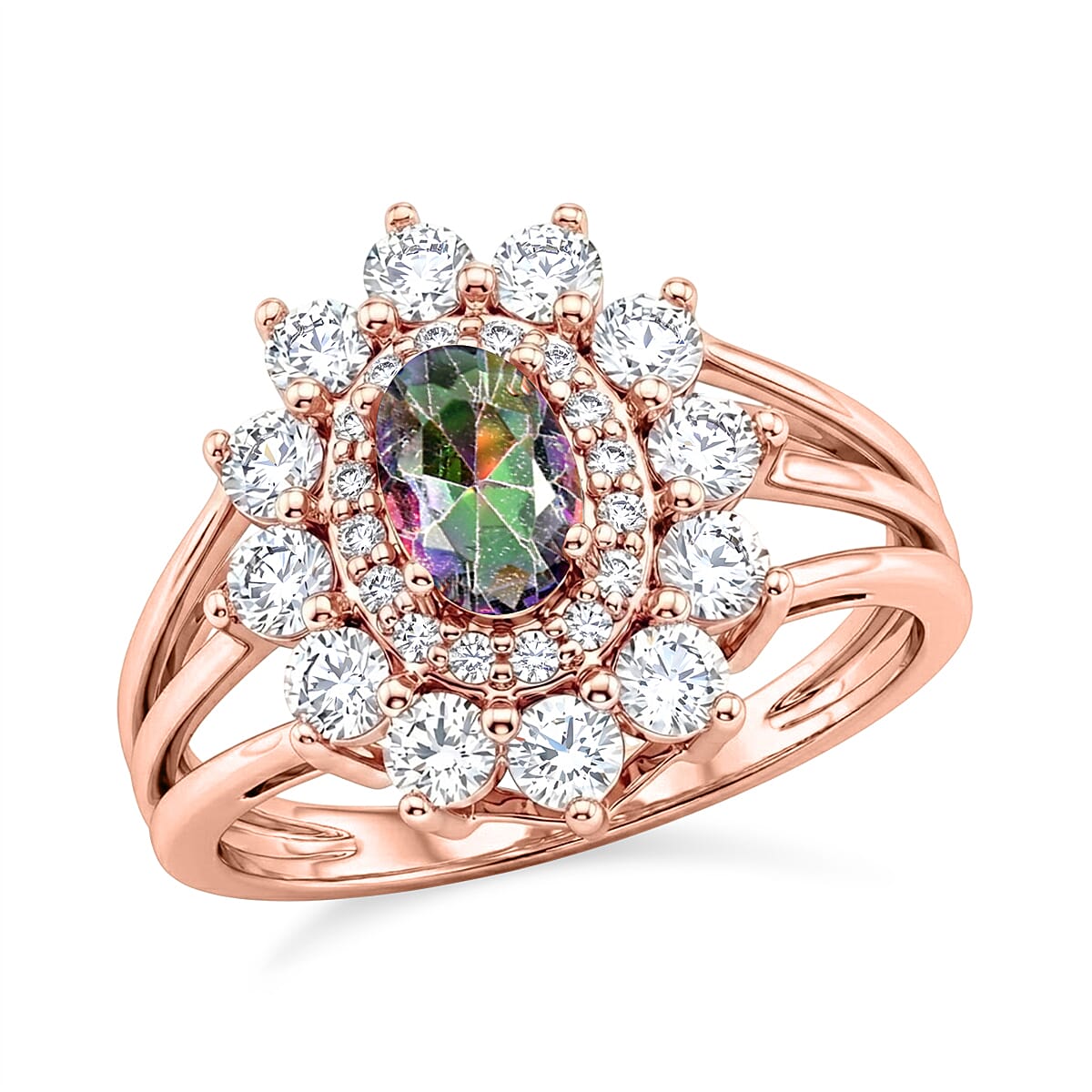 Mystic Topaz and Simulated Diamond 2.50 ctw Ring in 14K RG Over Sterling Silver (Size 7.0)