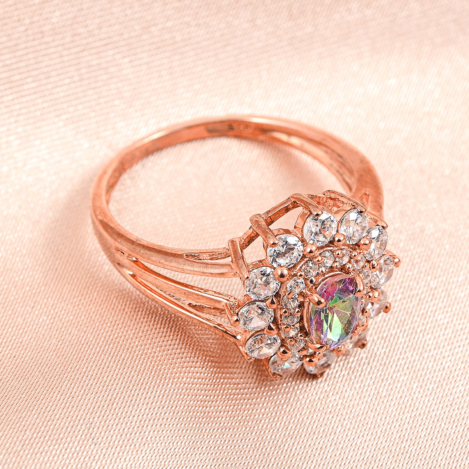Mystic Topaz and Simulated Diamond 2.50 ctw Ring in 14K RG Over Sterling Silver (Size 7.0)