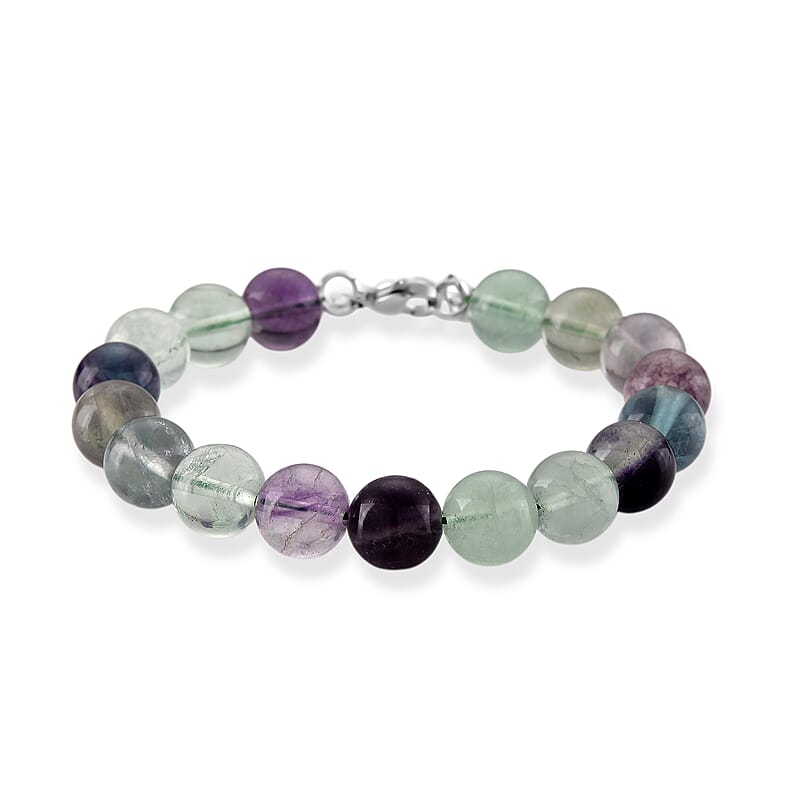 Multi Fluorite 150.00 ctw Beaded Bracelet in Stainless Steel (7.5-9.0In)