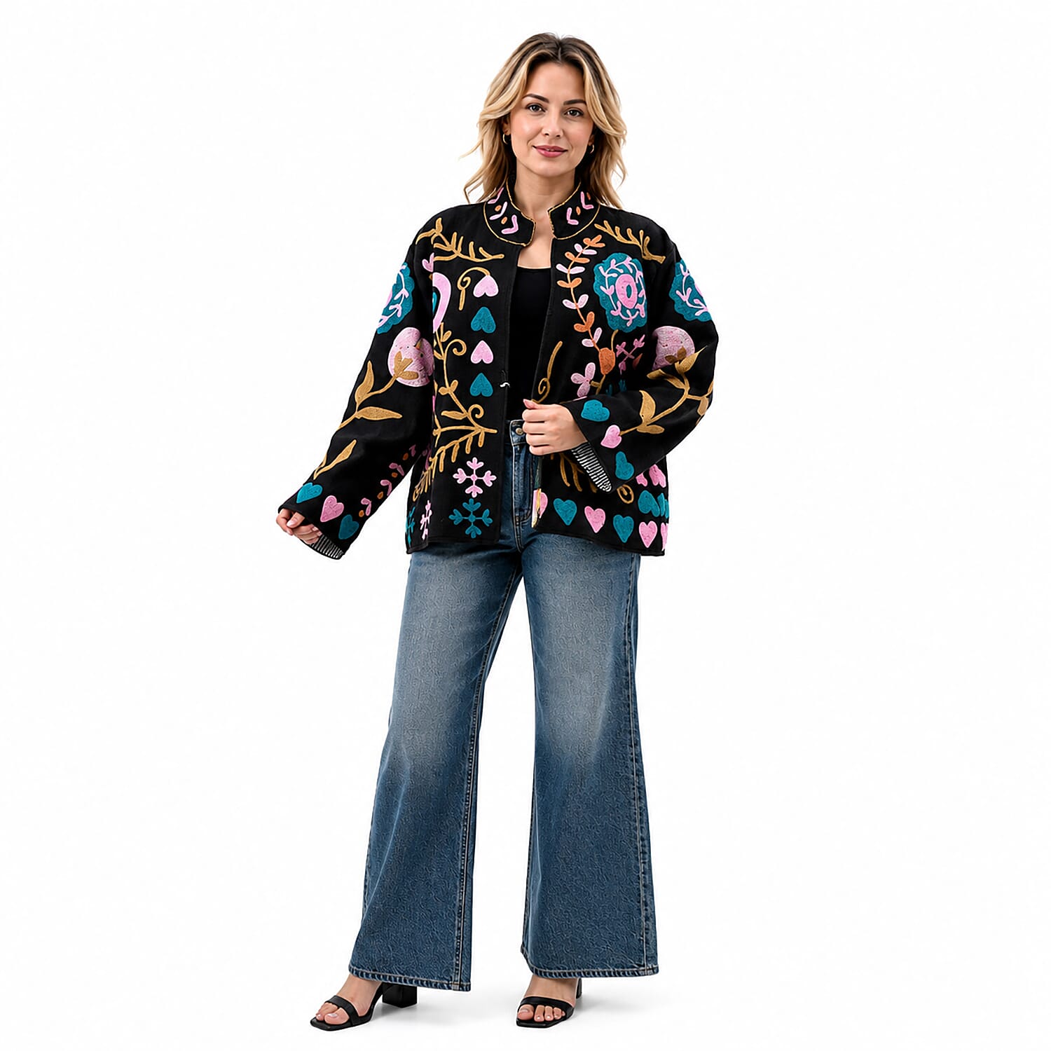 La Marey Dark Blue Artisan Aari Embroidered Jacket - S/M