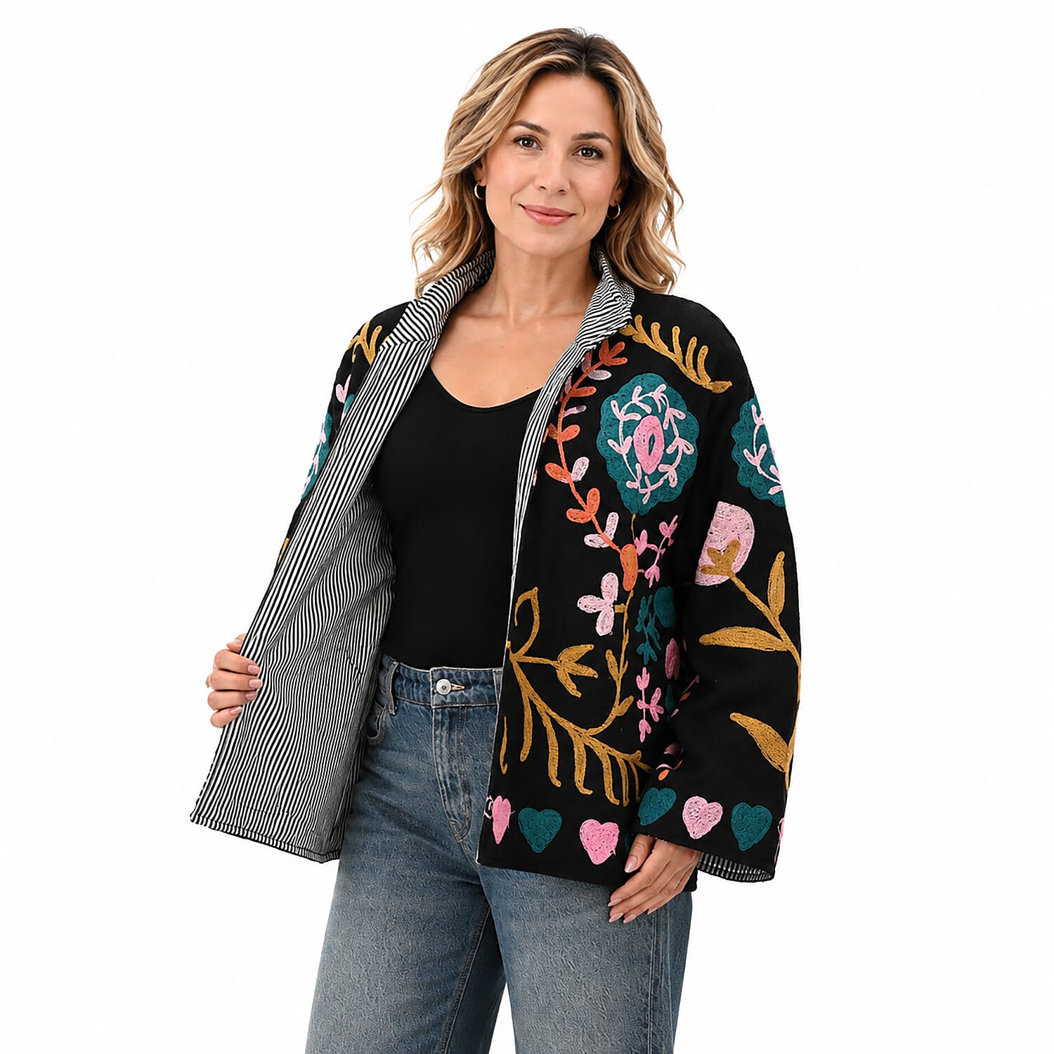 La Marey Dark Blue Artisan Aari Embroidered Jacket - S/M