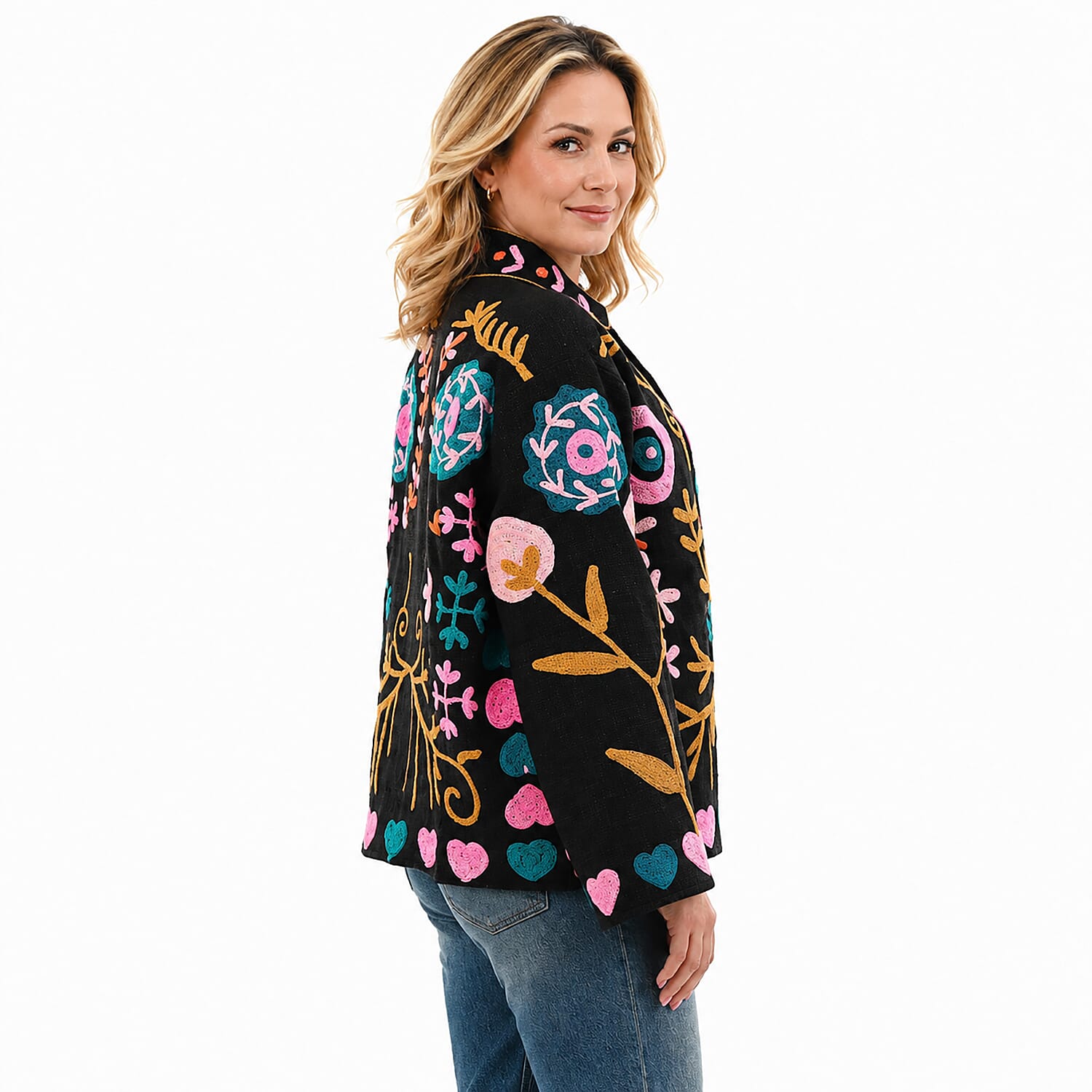 La Marey Dark Blue Artisan Aari Embroidered Jacket - S/M