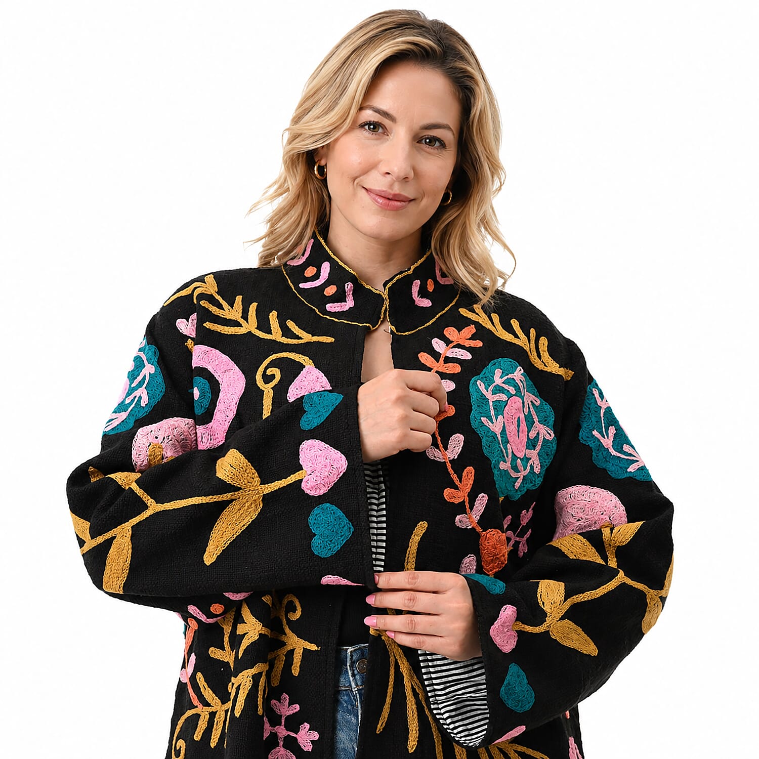 La Marey Dark Blue Artisan Aari Embroidered Jacket - S/M