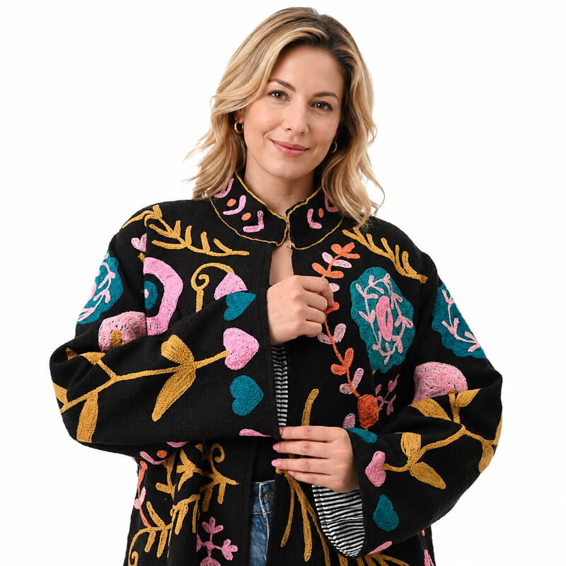 La Marey Dark Blue Artisan Aari Embroidered Jacket - S/M