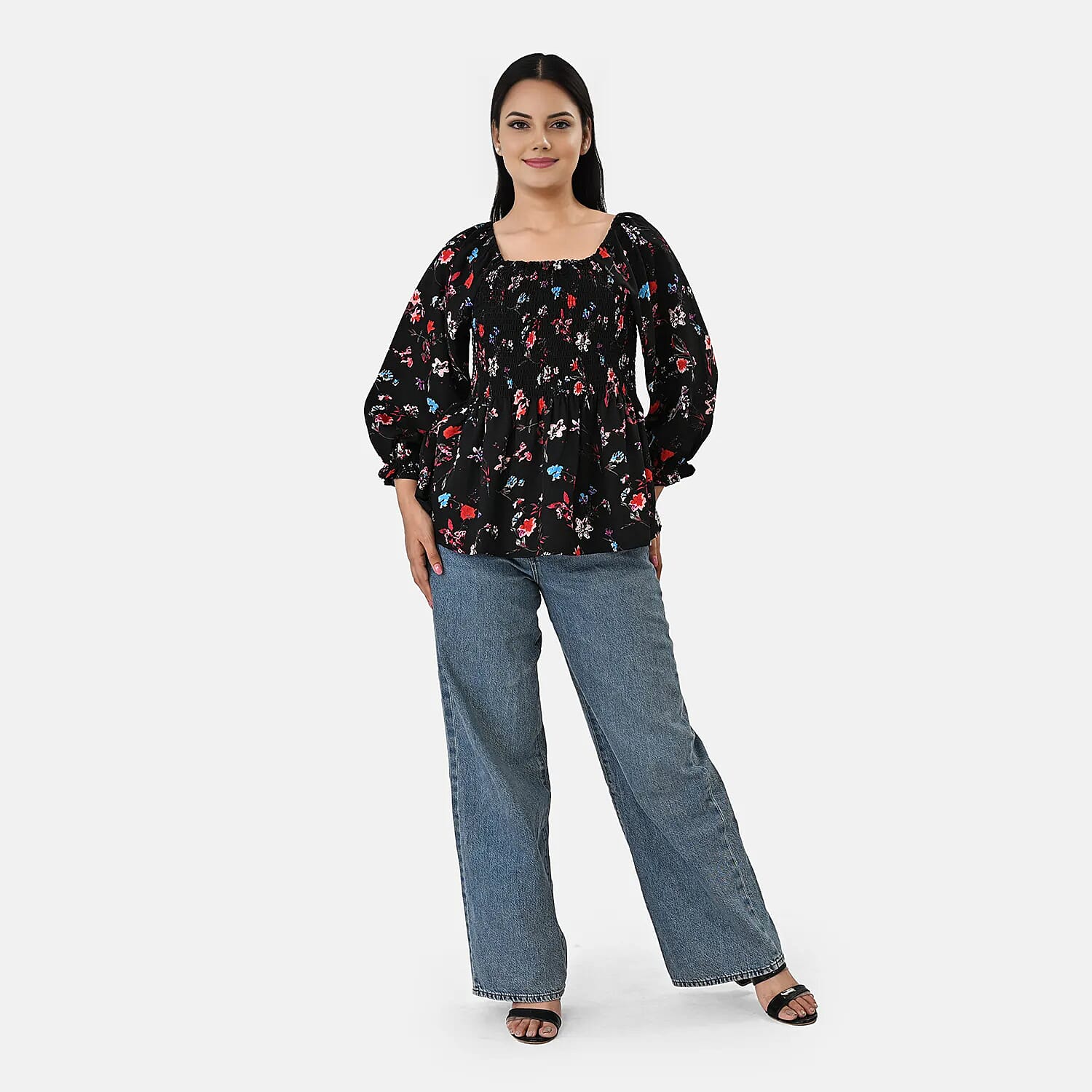 La Marey Black Smocked Peplum Top - One Size Missy