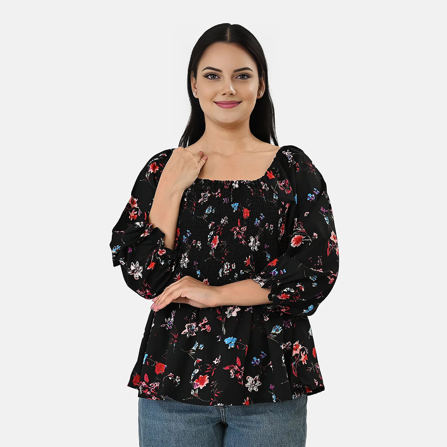 La Marey Black Smocked Peplum Top - One Size Missy