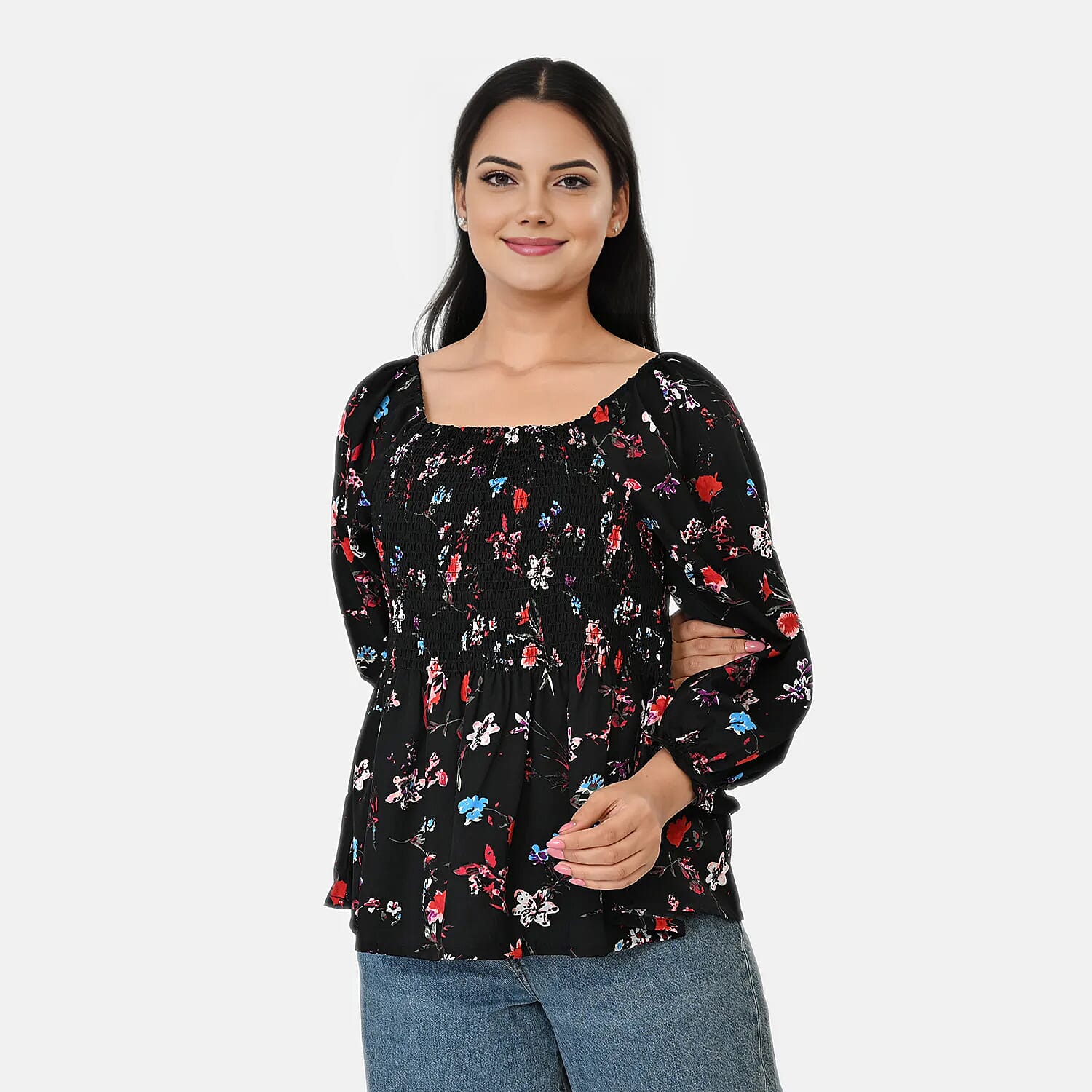 La Marey Black Smocked Peplum Top - One Size Missy
