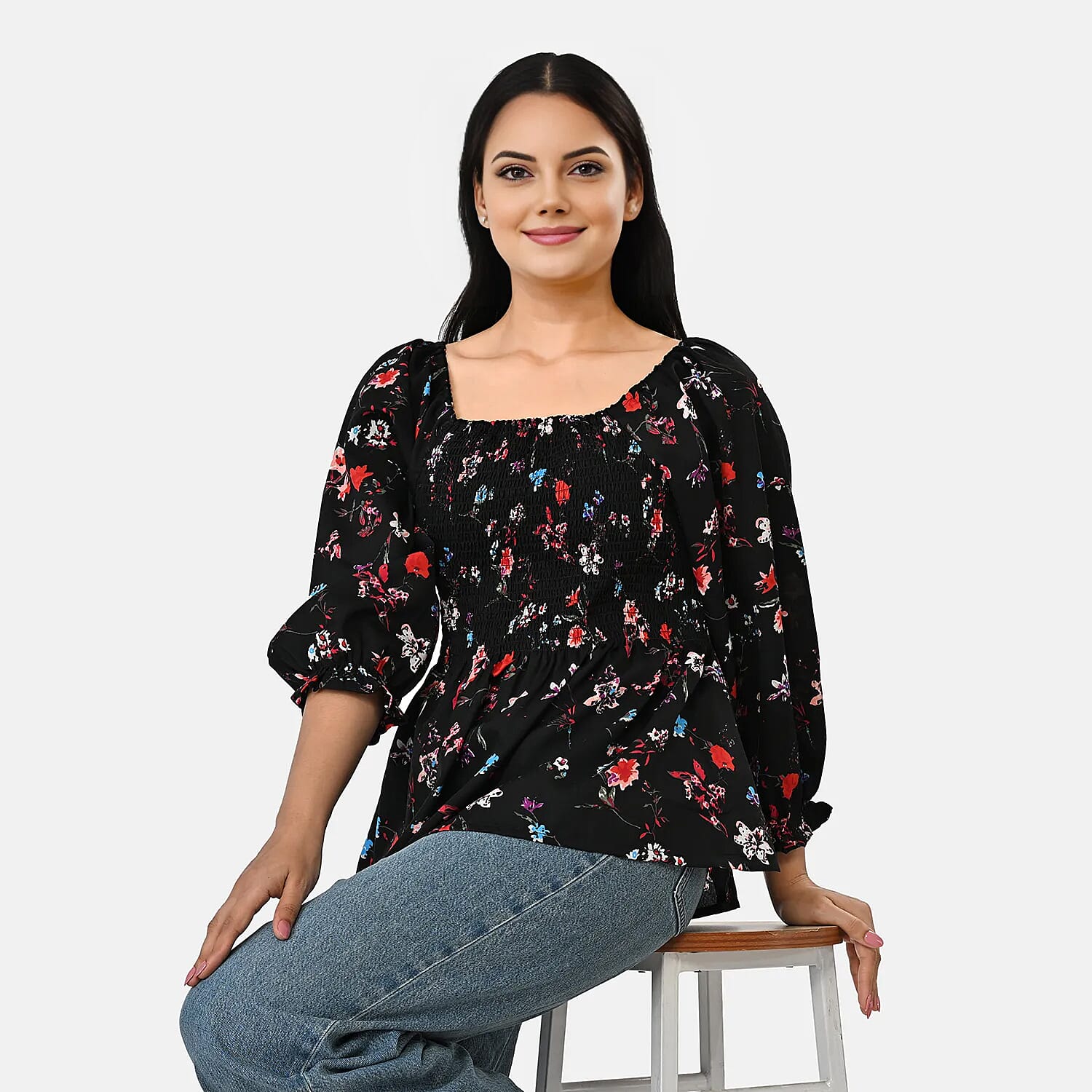 La Marey Black Smocked Peplum Top - One Size Missy