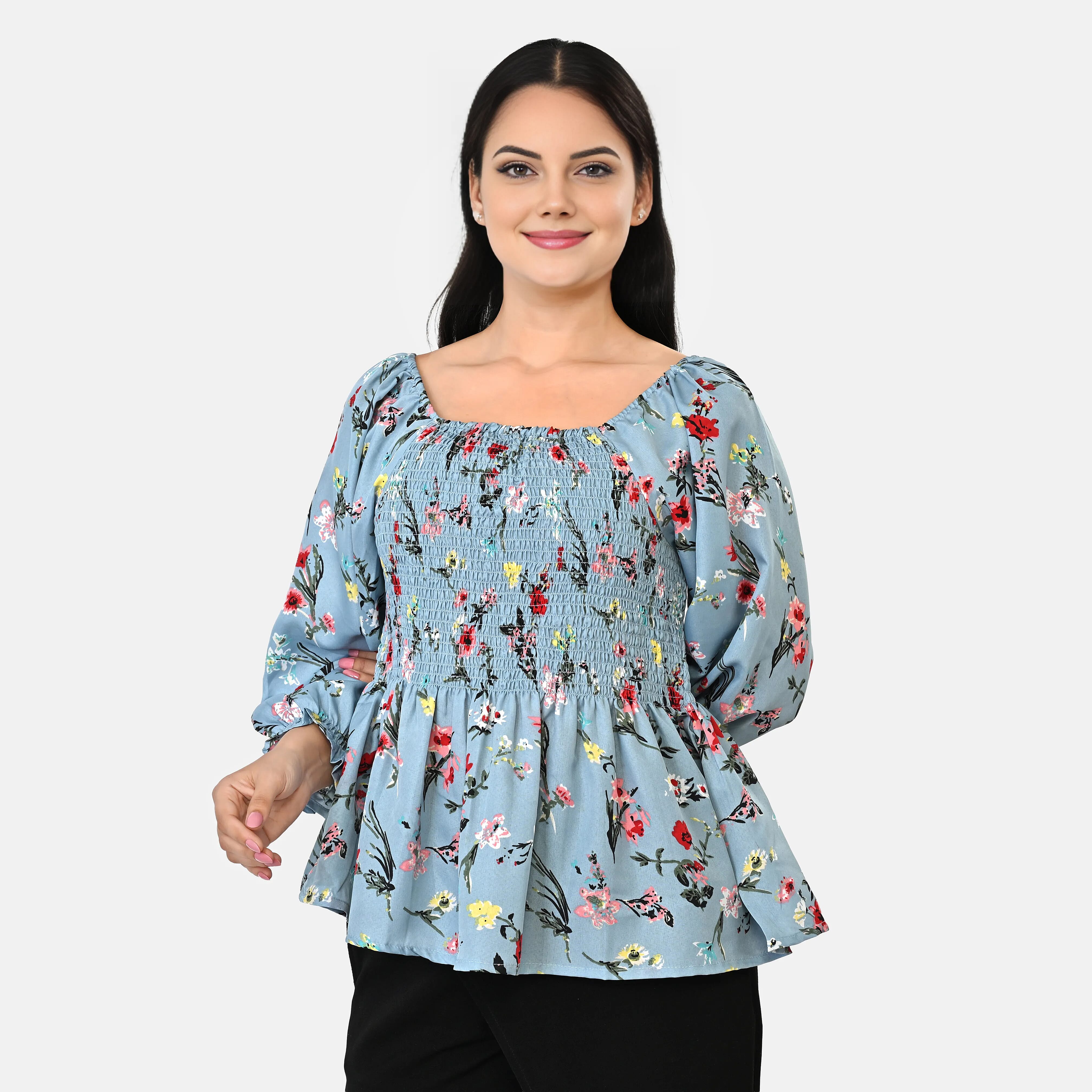 La Marey Light Blue Smocked Peplum Top - One Size Plus