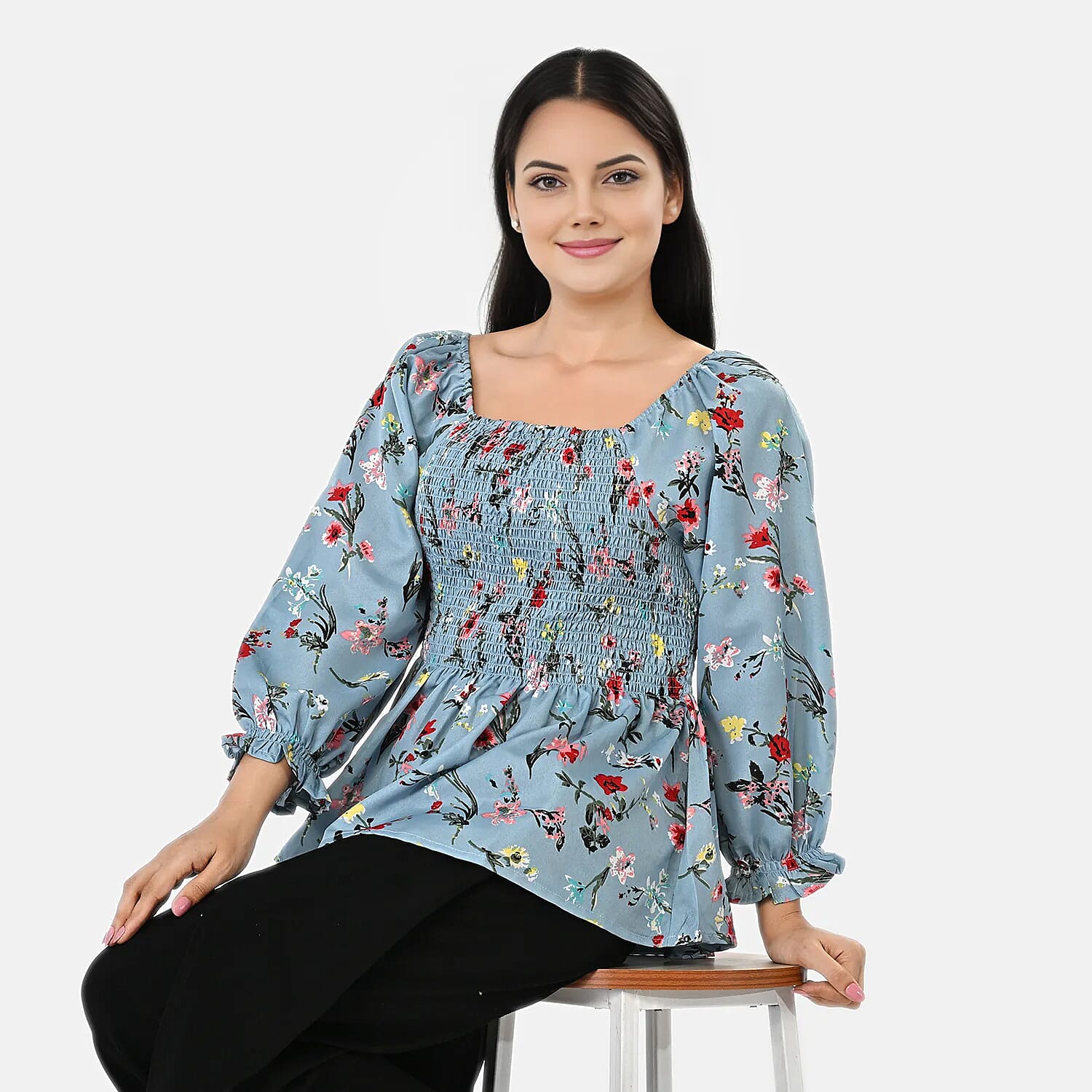 La Marey Light Blue Smocked Peplum Top - One Size Plus