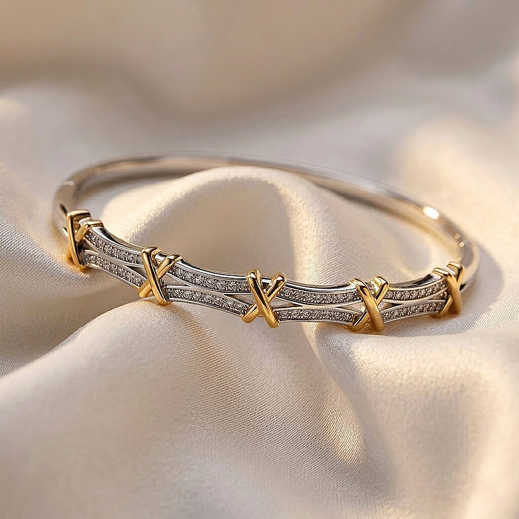 Simulated Diamond Bangle Bracelet in Dualtone (7.00 In)