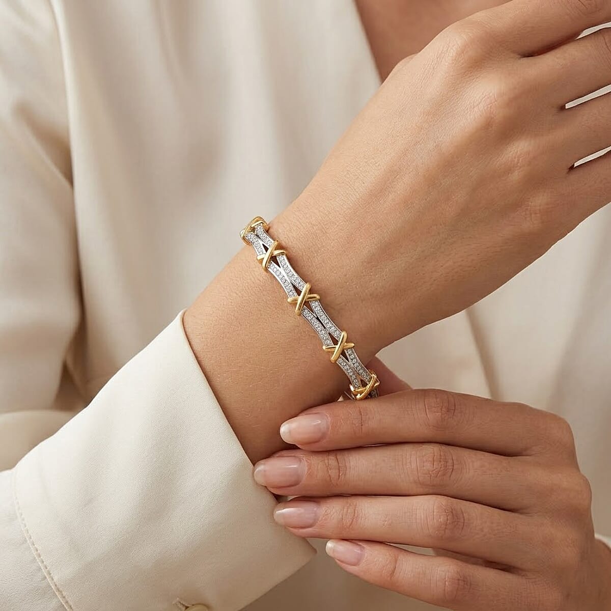 Simulated Diamond Bangle Bracelet in Dualtone (7.00 In) image number 2