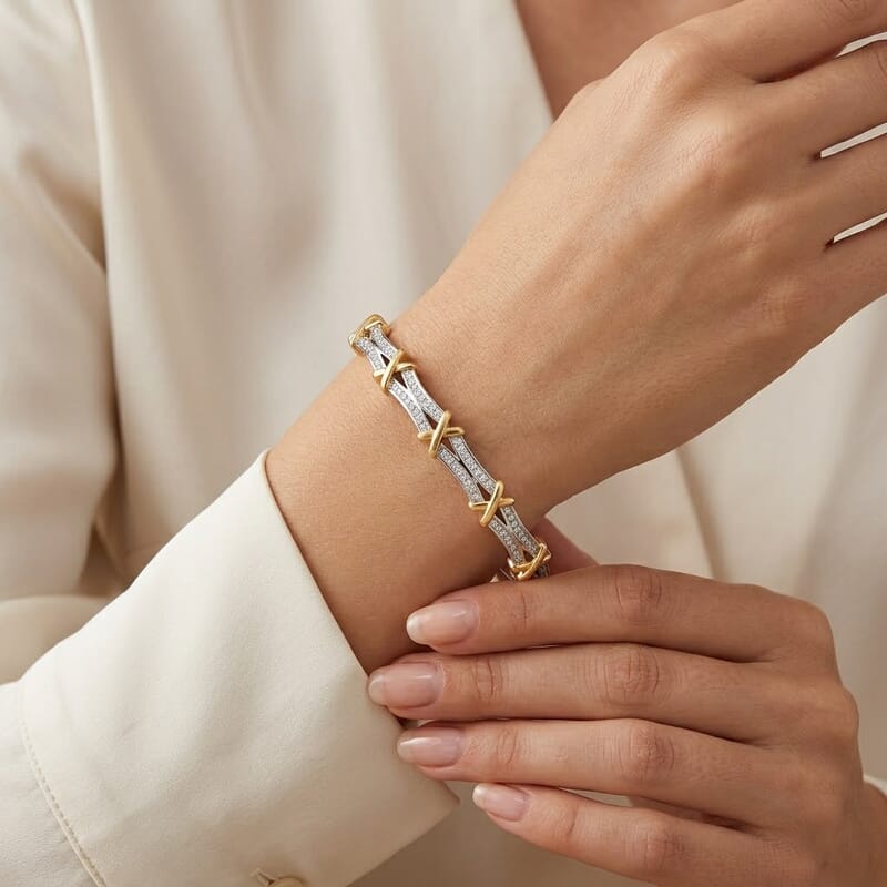Simulated Diamond Bangle Bracelet in Dualtone (7.00 In)