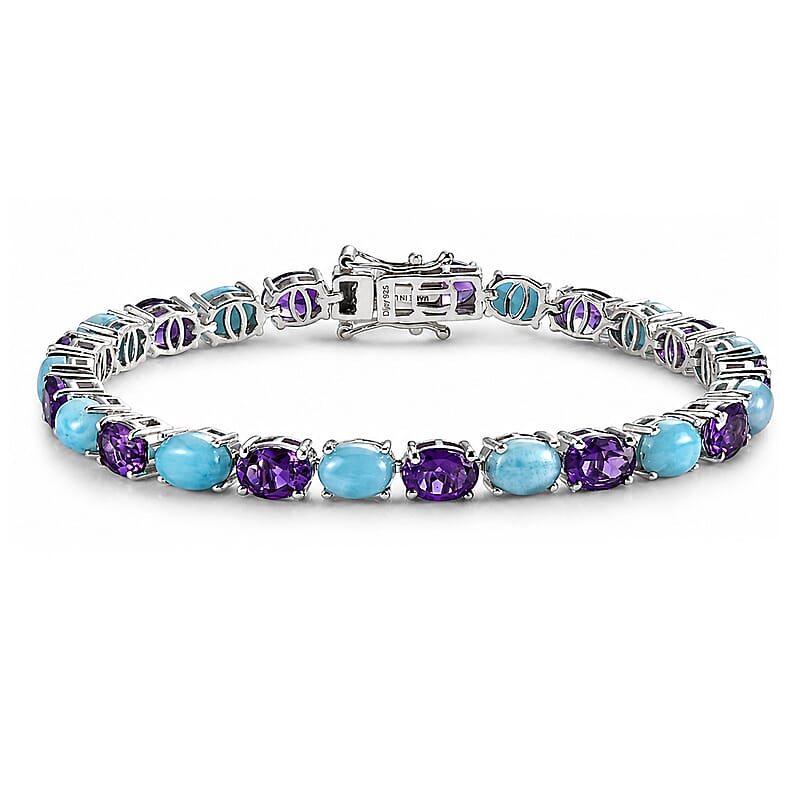 D'Joy Premium Moroccan Amethyst and AAA Larimar 16.20 ctw Royal Mosaic Bracelet in Rhodium Over Sterling Silver (6.50 In)