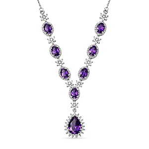 D'Joy AAA Moroccan Amethyst and White Zircon 6.50 ctw Regal Halo Neckalce in Rhodium Over Sterling Silver (18 Inches)