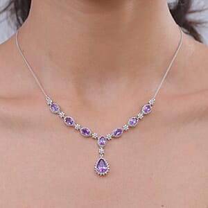 D'Joy AAA Moroccan Amethyst and White Zircon 6.50 ctw Regal Halo Neckalce in Rhodium Over Sterling Silver (18 Inches)