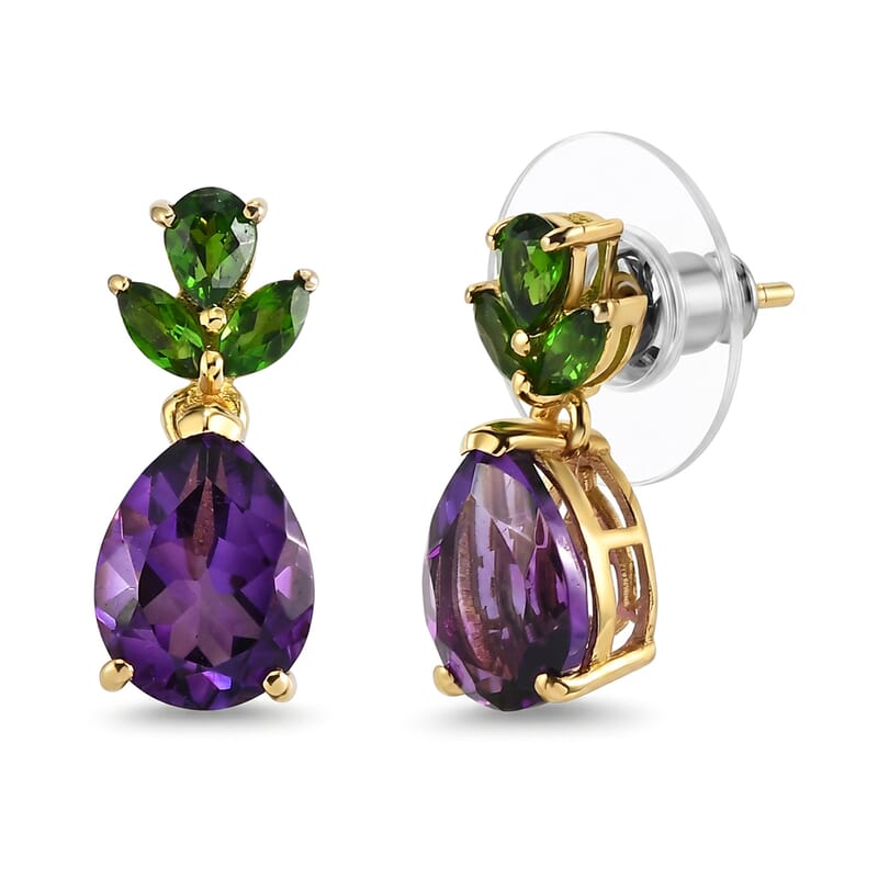 D'Joy Premium Moroccan Amethyst and Chrome Diopside 4.00 ctw Drop Earrings in 18K Vermeil Yellow Gold Over Sterling Silver