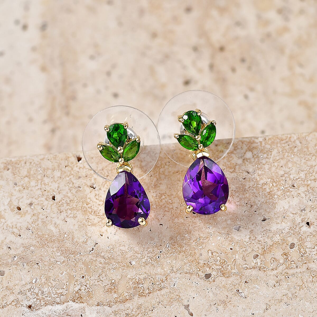 D'Joy Premium Moroccan Amethyst and Chrome Diopside 4.00 ctw Drop Earrings in 18K Vermeil Yellow Gold Over Sterling Silver image number 1