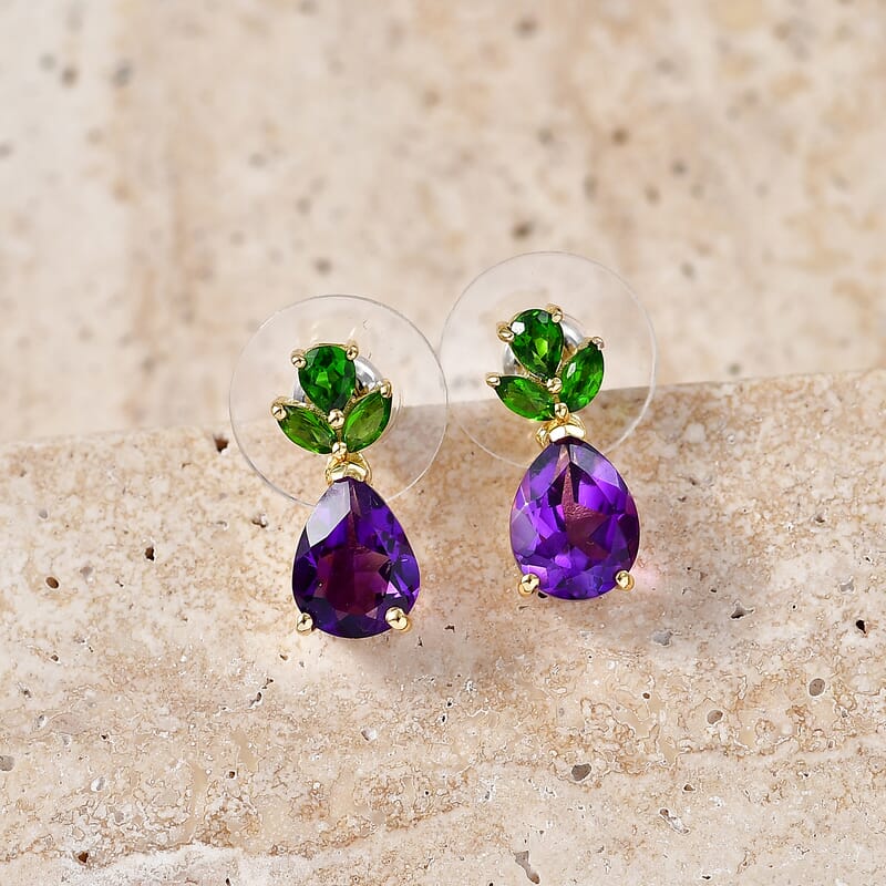 D'Joy Premium Moroccan Amethyst and Chrome Diopside 4.00 ctw Drop Earrings in 18K Vermeil Yellow Gold Over Sterling Silver