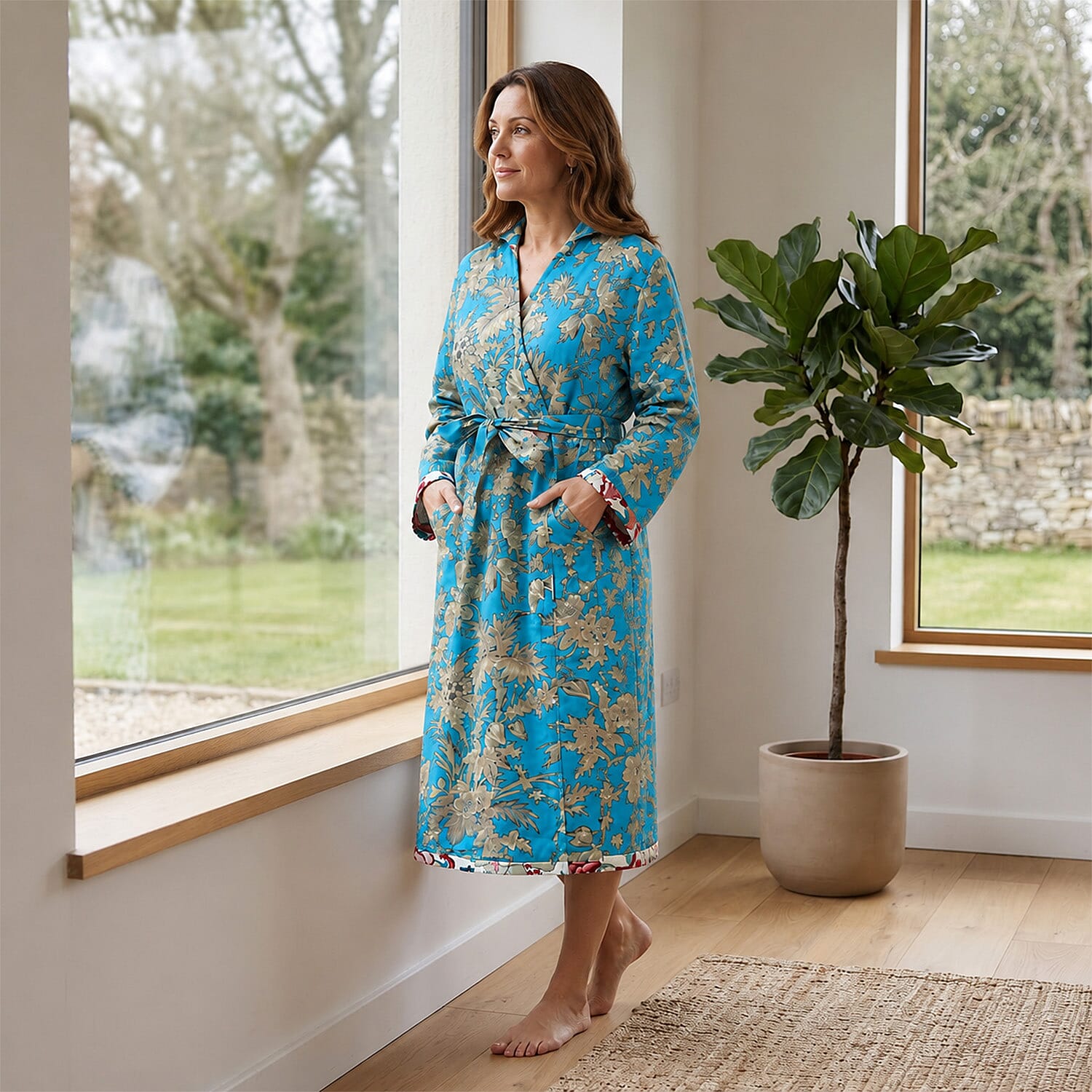 La Marey Turquoise and White Reversible Quilted Cotton Cambric Outerwear with Belt - One Size Fits Most