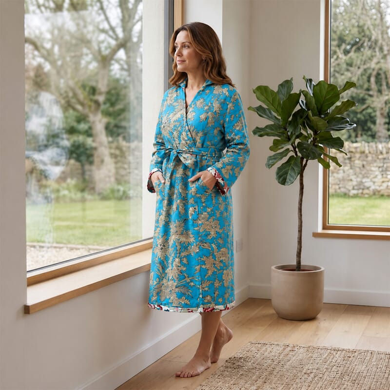 La Marey Turquoise and White Reversible Quilted Cotton Cambric Outerwear with Belt - One Size Fits Most