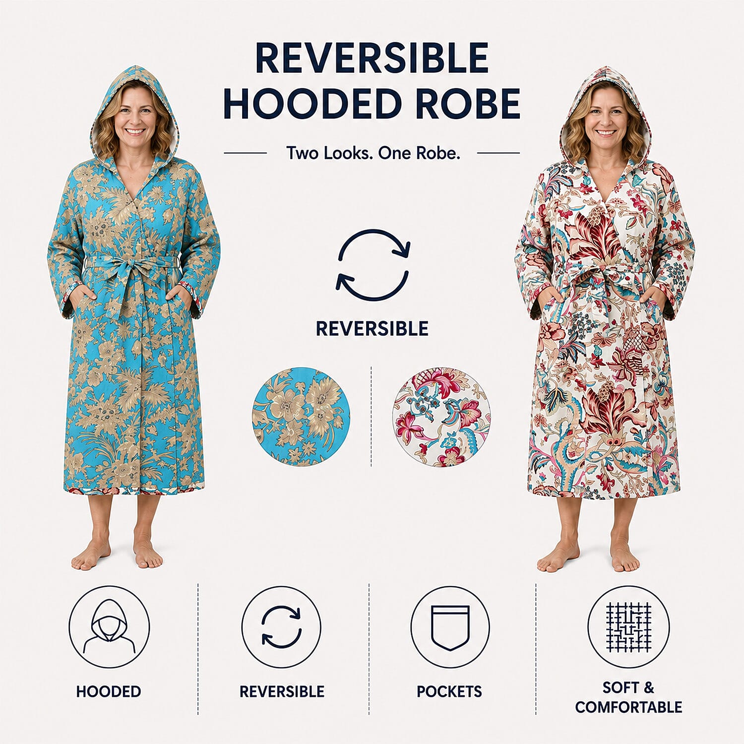La Marey Turquoise and White Reversible Quilted Cotton Cambric Outerwear with Belt - One Size Fits Most