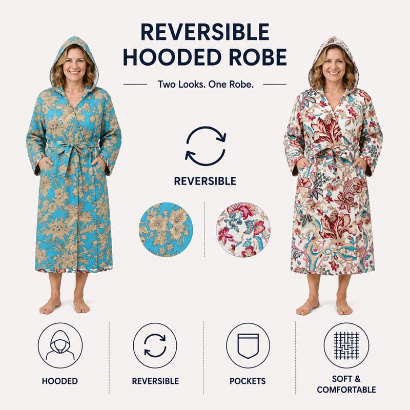 La Marey Turquoise and White Reversible Quilted Cotton Cambric Outerwear with Belt - One Size Fits Most