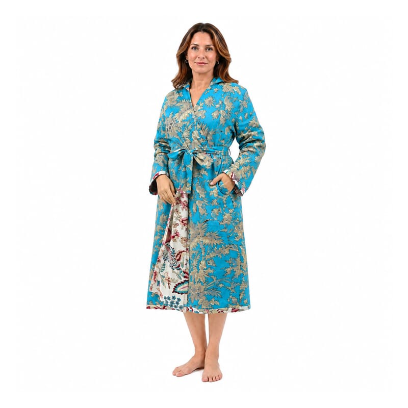 La Marey Turquoise and White Reversible Quilted Cotton Cambric Outerwear with Belt - One Size Fits Most