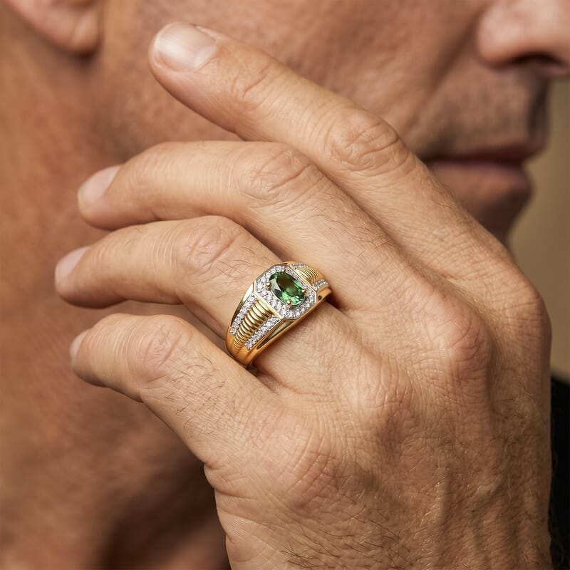 D'Joy Premium Tsavorite Garnet and Moissanite 0.85 ctw Men's Ring in 18K Vermeil Yellow Gold Over Sterling Silver (Size 10.0)