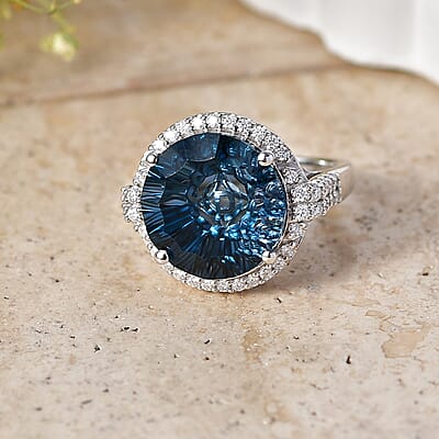 Certified and Appraised D'Joy Premium London Blue Topaz and Moissanite 13.20 ctw Ring in Rhodium Over Sterling Silver (Size 6.0)