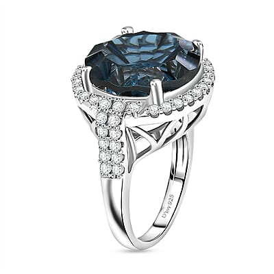 Certified and Appraised D'Joy Premium London Blue Topaz and Moissanite 13.20 ctw Ring in Rhodium Over Sterling Silver (Size 6.0)