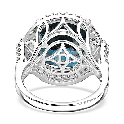 Certified and Appraised D'Joy Premium London Blue Topaz and Moissanite 13.20 ctw Ring in Rhodium Over Sterling Silver (Size 6.0)