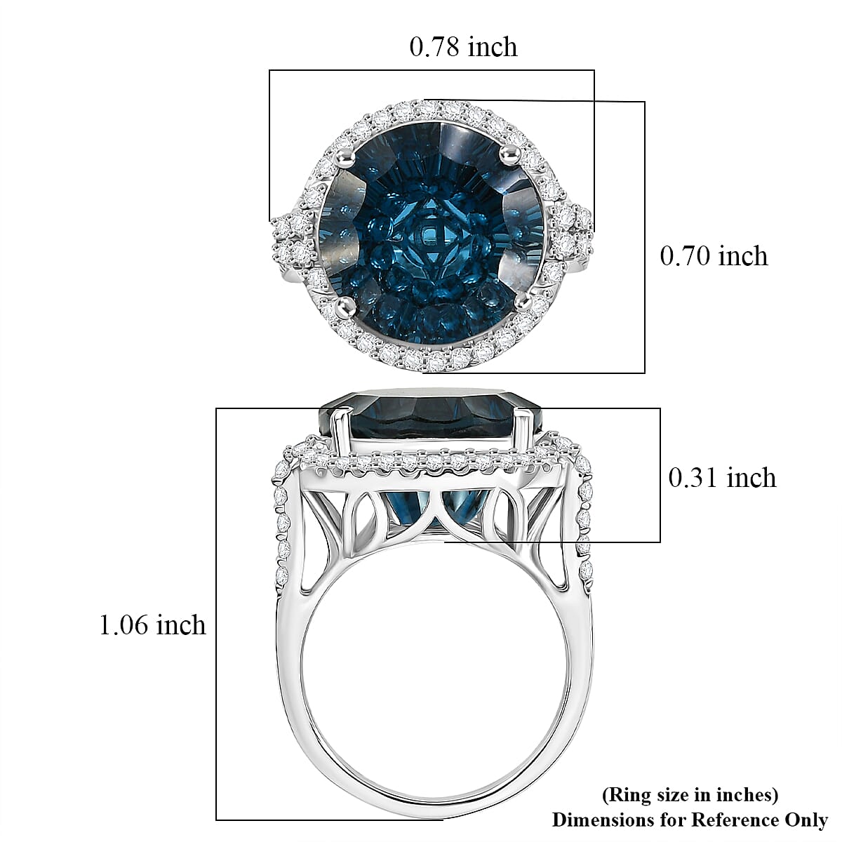 Certified and Appraised D'Joy Premium London Blue Topaz and Moissanite 13.20 ctw Ring in Rhodium Over Sterling Silver (Size 8.0)