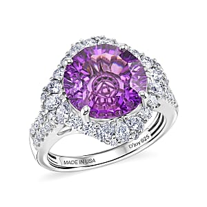 Certified & Appraised D'Joy Crazy Fire Cut Premium Moroccan Amethyst and Moissanite 5.50 ctw Ring in Rhodium Over Sterling Silver (Size  10.0)