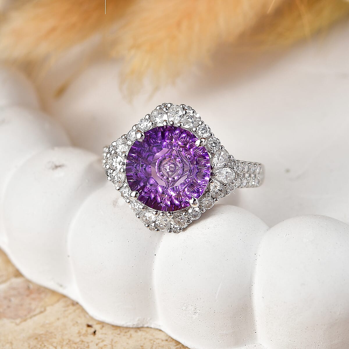 Certified & Appraised D'Joy Crazy Fire Cut Premium Moroccan Amethyst and Moissanite 5.50 ctw Ring in Rhodium Over Sterling Silver (Size  10.0) image number 1