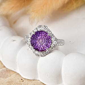 Certified & Appraised D'Joy Crazy Fire Cut Premium Moroccan Amethyst and Moissanite 5.50 ctw Ring in Rhodium Over Sterling Silver (Size  10.0)